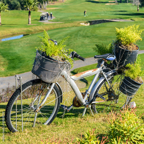 Altes rostiges Fahrrad dient als Blumenkübel auf einer Golfanlage photo