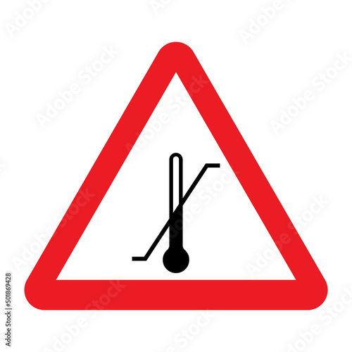 Temperature limit sign. Vector illustration of red triangle warning sign with black thermometer with diagonal line inside. Indicator of maximum and minimum temperature limits. Cargo symbol.