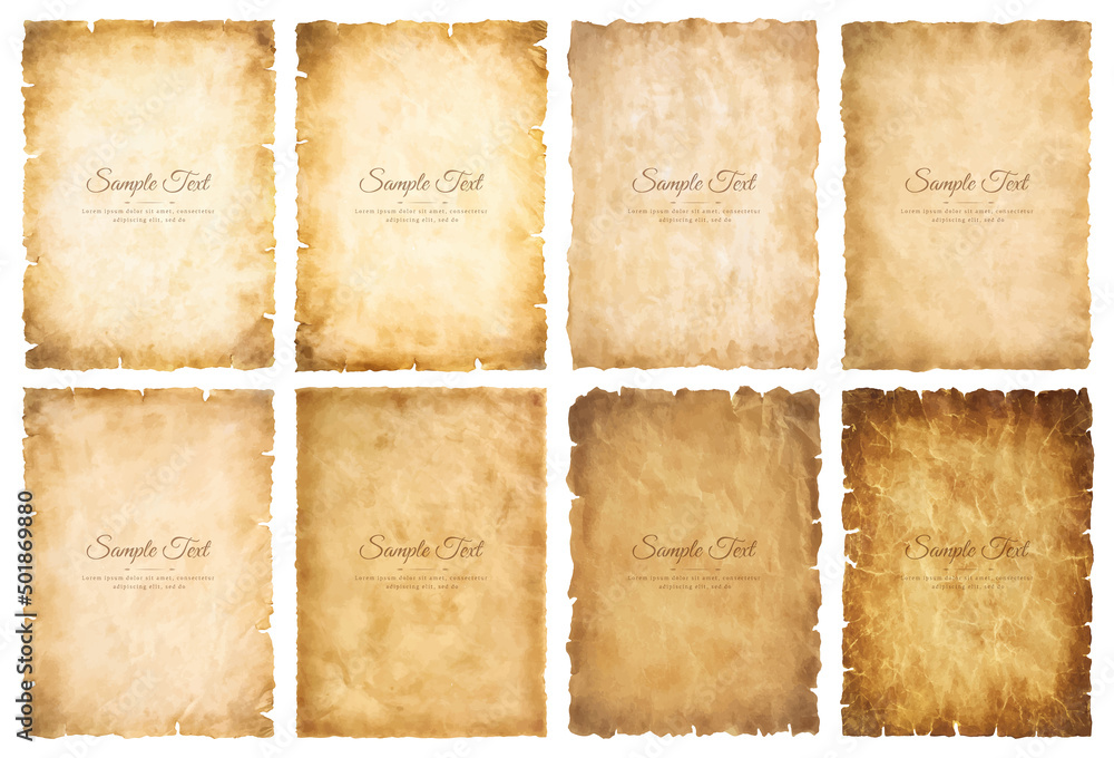 Vector collection set old parchment paper sheet vintage aged or texture isolated on white background