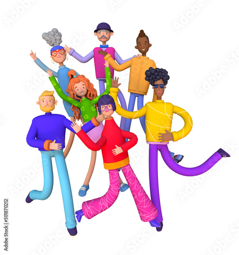 Big group of diverse people joined with happiness. Selection of old, disabled and different persons. Social diversity, relationship, large family group, Trendy 3d illustration.	
