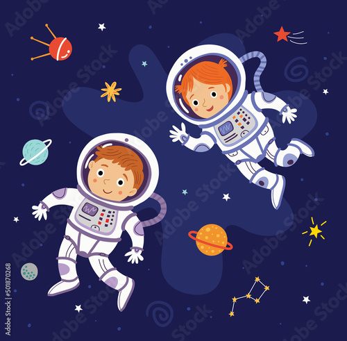 Children astronauts fly in space
