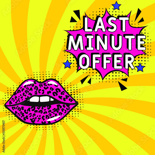 Comic book explosion with text last minute offer, vector illustration. last minute offer in comic pop art style. Comic advertising concept with Special offer wording. Modern Web Banner Element