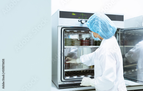 Unidentified microbiologist is place the petri dish and tubes into incubator to incubate the culture of bacteria or fungi growth in appropriate condition, concept of microbial laboratory.