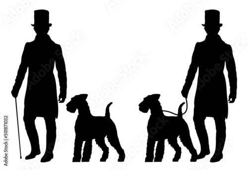Set of two silhouettes of young man in victorian dress with Welsh Terrier dog. Historical clothing. 