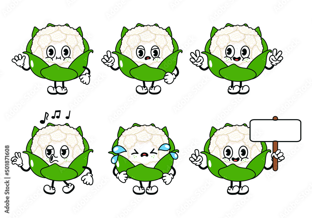 Fototapeta premium Funny cute cauliflower characters bundle set. Vector hand drawn doodle style traditional cartoon vintage, retro character illustration icon design. Isolated white background. Happy cabbage mascot