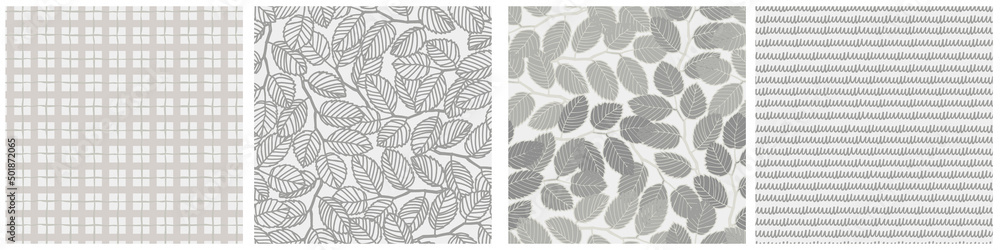 Seamless patterns set with elm tree branches and leaves on light background for surface design, wallpaper, fabrics, home decor. Monochrome pastel realistic line art
