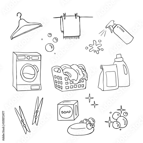 Set of hand drawn laundry objects: washing machine, detergent, soap, clotgepins, sprayer, bubbles isolated on white background vector illustration.