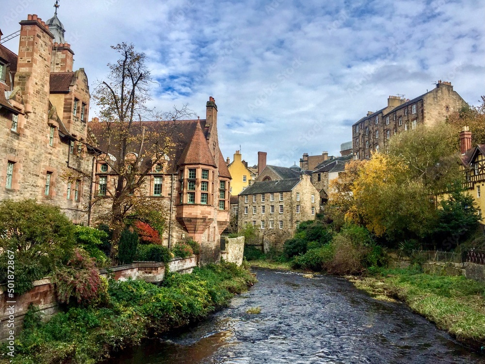 Dean village view in Edinburgh, Scotland. 
View from the Dean bridge over Water of Leith. Iconic 19th century village close to Edinburgh’s West End