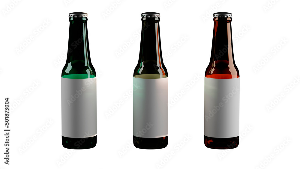 Three glass bottles on white background. Empty label. Bottle template. Three glass bottles on white background. Empty label. Bottle template.