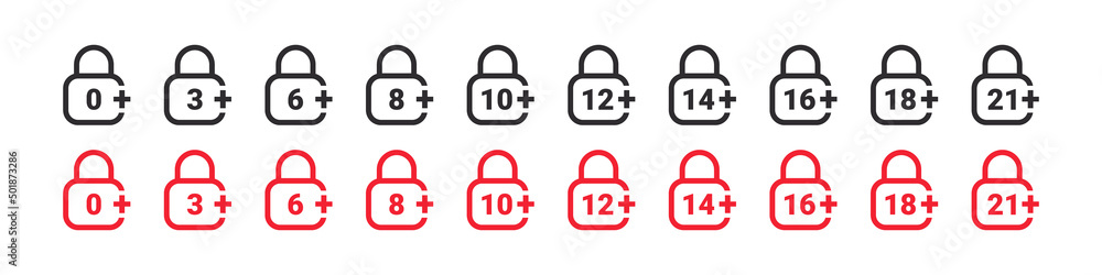 Age restriction icons set. Mark age limit. Padlock with age restriction. Vector icons Age restriction icons set. Mark age limit. Padlock with age restriction. Vector icons