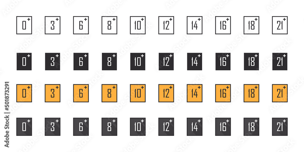 Age restriction signs set. Different age warning signs. Recommended age limit. Vector icons Age restriction signs set. Different age warning signs. Recommended age limit. Vector icons