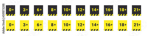 Age restriction signs. Age warning signs. Recommended age limit icons. Vector icons