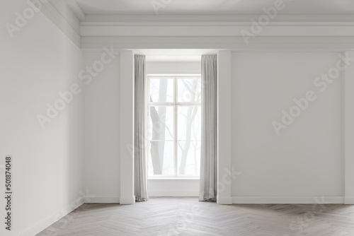  3d minimalistic white classic interior, space with a large window and cornice on the ceiling, parquet on the floor. 3D rendering illustration mockup.