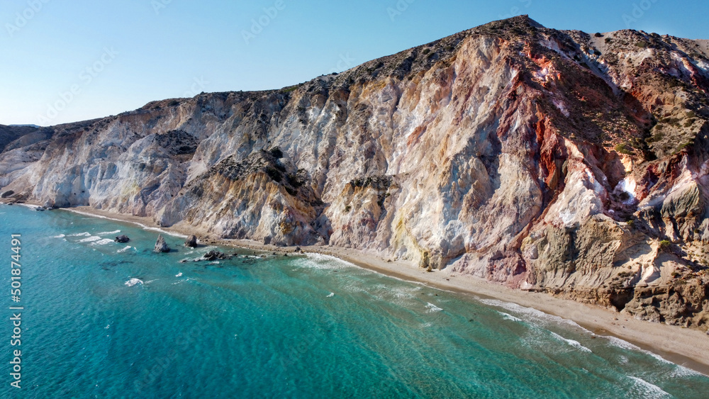 aerial view of fyriplaka beach with spectacular rock formations and colored cliffs - Milos island, Greece