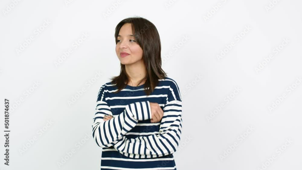 Young brunette woman standing and thinking an idea pointing the finger up over isolated background Young brunette woman standing and thinking an idea pointing the finger up over isolated background