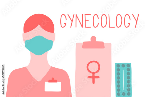 Gynecology icons set. Gynecologist, check up, bacteria test, birth control pills.