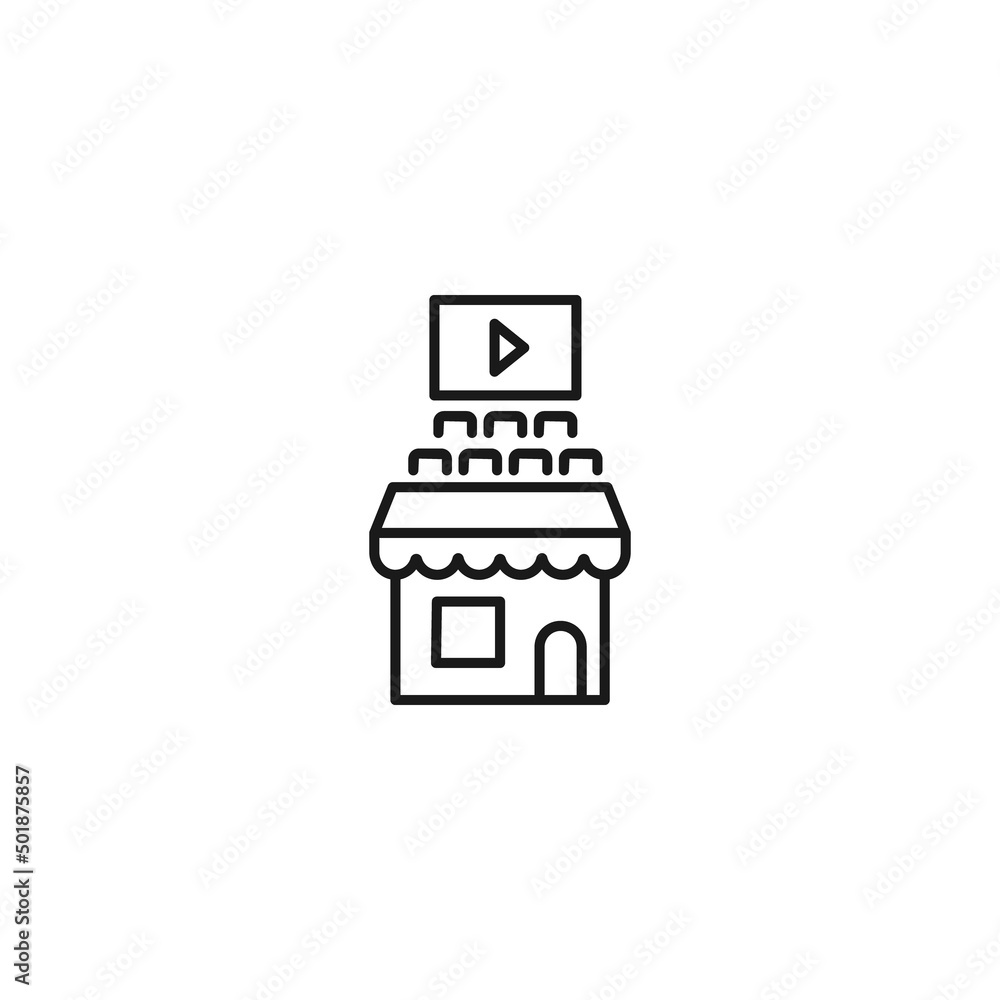 Store and shop concept. Outline sign suitable for web sites, stores, shops, internet, advertisement. Editable stroke drawn with thin line. Icon of cinema hall over store