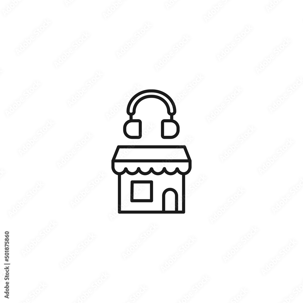 Store and shop concept. Outline sign suitable for web sites, stores, shops, internet, advertisement. Editable stroke drawn with thin line. Icon of headphones over store