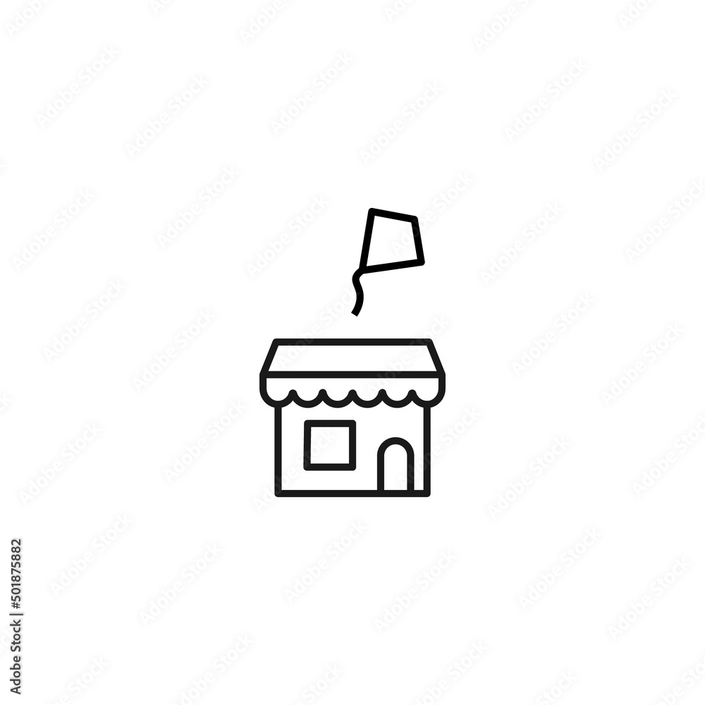 Store and shop concept. Outline sign suitable for web sites, stores, shops, internet, advertisement. Editable stroke drawn with thin line. Icon of kite over store Store and shop concept. Outline sign suitable for web sites, stores, shops, internet, advertisement. Editable stroke drawn with thin line. Icon of kite over store