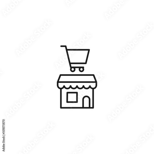 Store and shop concept. Outline sign suitable for web sites, stores, shops, internet, advertisement. Editable stroke drawn with thin line. Icon of shopping cart over store