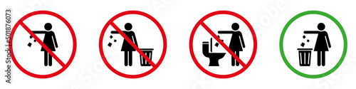 Woman Please Throw Litter in Bin, No Toilet Pictogram Silhouette Icon. Allowed Throw Napkin, Paper, Pads, Towel in Waste Bin Pictogram. No Flush Litter in Toilet Sign. Isolated Vector Illustration