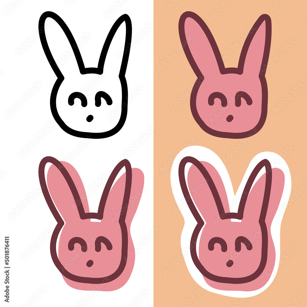 Set of doodle hand drawn rabbit icons on the white and pink colors on the peach and white background for web, stickers and design Set of doodle hand drawn rabbit icons on the white and pink colors on the peach and white background for web, stickers and design