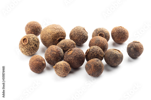 Bunch of spice Allspice (Jamaica pepper, Pimento) on white background. Healthy eating concept