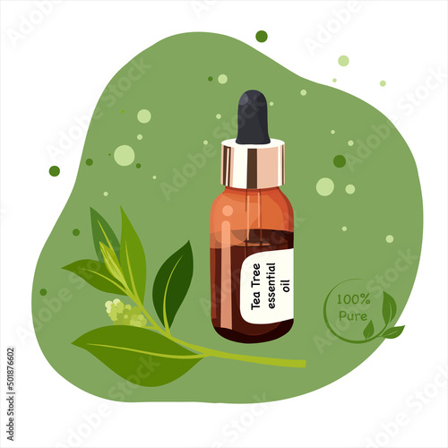 Tea tree essential oil in dark glass bouttle.	