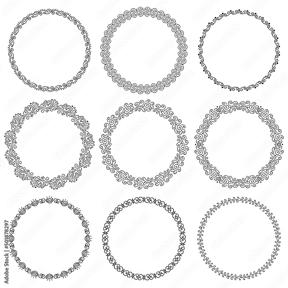 Collection of vector round drawn ink frames in art deco style