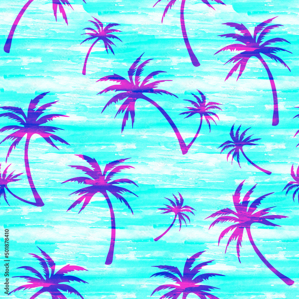 Palm trees on blue watercolor background, seamless summer beach pattern