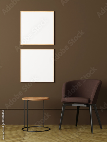 Fototapeta Naklejka Na Ścianę i Meble -  Modern and minimalist square wooden poster or photo frame mockup on the wall in the living room. 3d rendering.