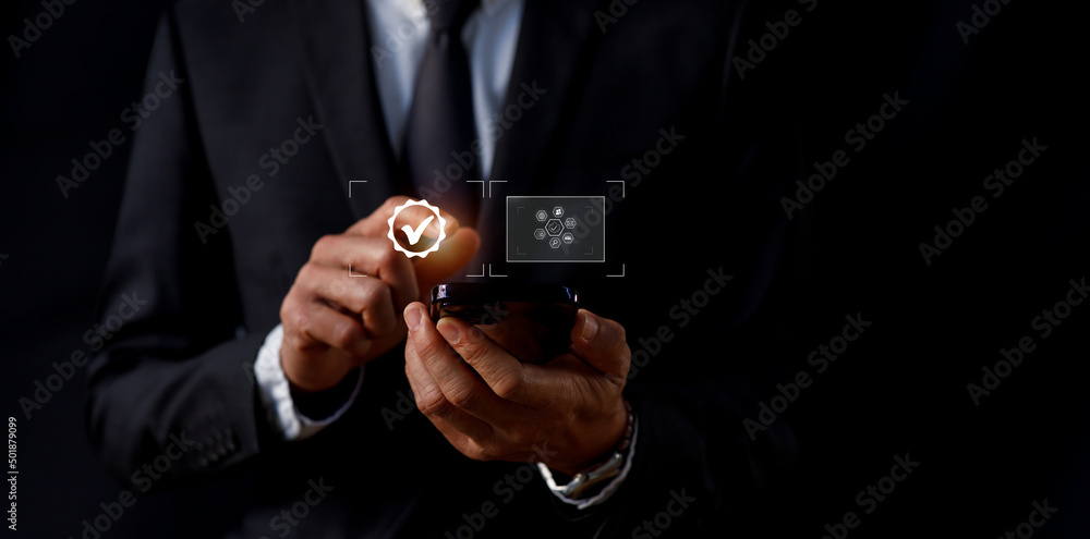 Businessman pointing digital phone growth and financial network connection, analyzing report data to increase sales and revenue profit achieve business investment goal in global economic situation.