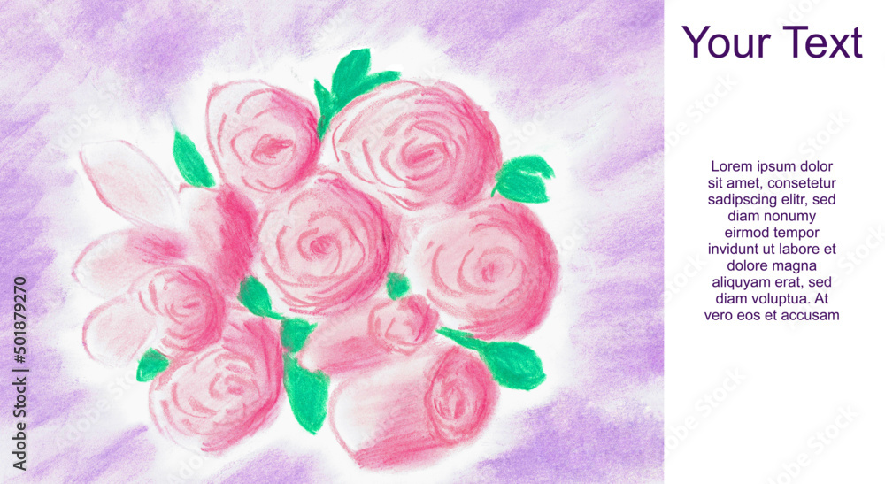 Rose arrangement with purple background with copy space. Hand-drawn soft pastel drawing.