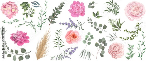 Obraz na płótnie Vector grass and pink flower set