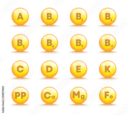 Vitamin complex icon set. Multivitamin supplement. Pin capsule vector