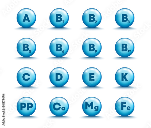 Vitamin complex icon set. Multivitamin supplement. Pin capsule vector