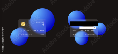 Credit card mockup in glassmorphism style. Front and backside. Translucent bank card. Vector EPS 10