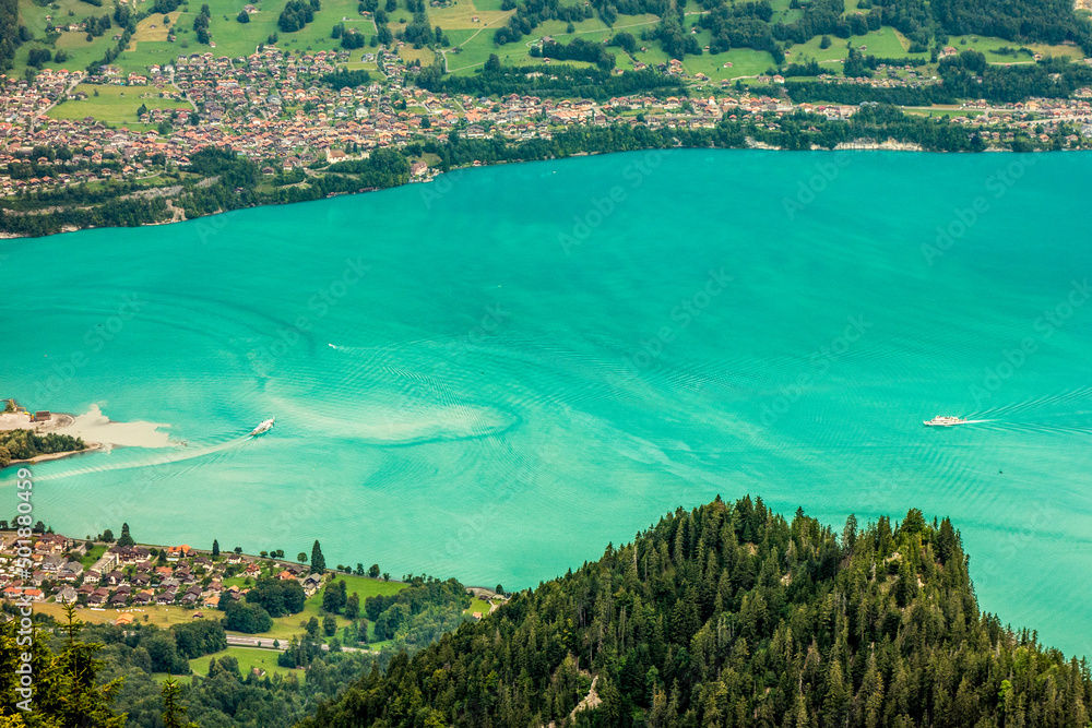 Lake Brienz aka Brienzersee and Interlaken town in the Bernese Oberland region in Switzerland