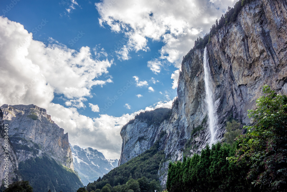 Staubbach waterfall in Lauterbrunnen village in Bernese Alps Switzerland