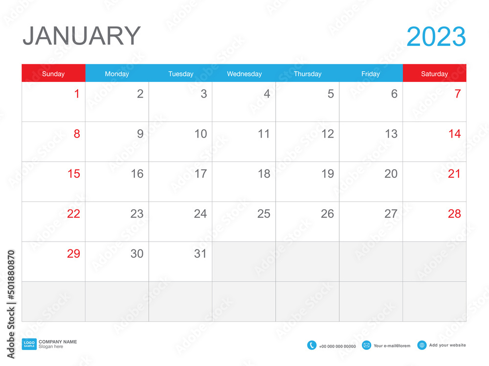 January 2023 Template Calendar 2023 Design Desk Calendar 2023