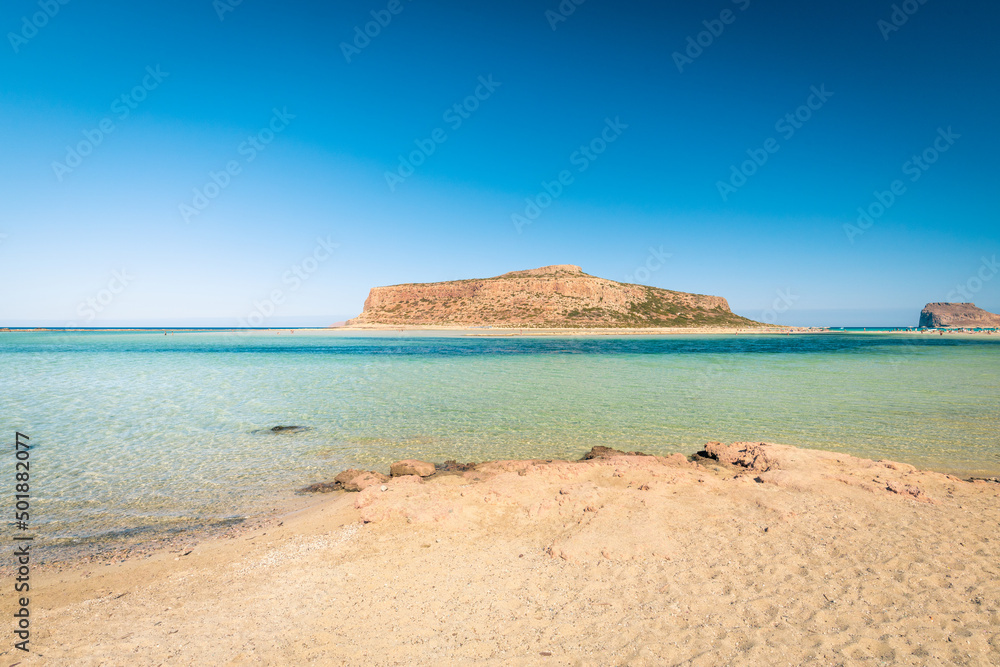 Balos beach and Gramvousa Island in summer, Panorama of the Greek island, A holiday destination