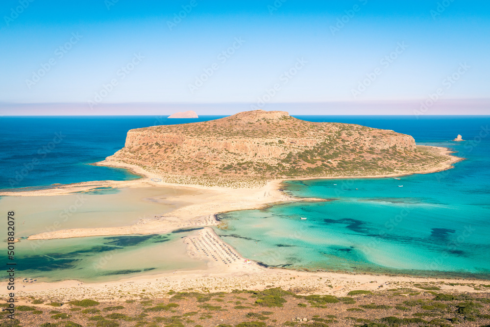 Balos beach and Gramvousa Island in summer, landscape, view of the Greek island, Holiday destination