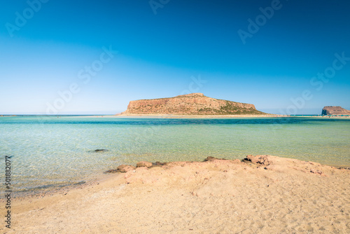Balos beach and Gramvousa Island in summer, Panorama of the Greek island, A holiday destination
