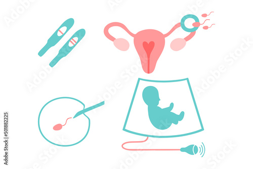 Obstetrics icons set. Ultrasound, artificial fertilization, pregnancy, fetus, intrauterine insemination, pregnancy test.