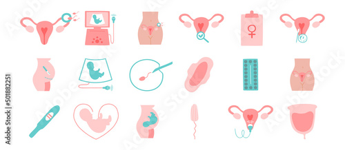 Gynecology and obstetrics icons set. Ultrasound, check up, artificial fertilization, gynecological surgery, birth control pills, menstruation. Ultrasound, artificial fertilization, pregnancy, fetus. photo