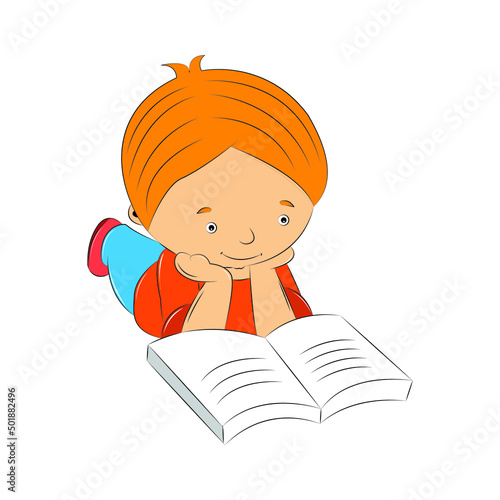 Cute boy laying on floor reading book vector illustration