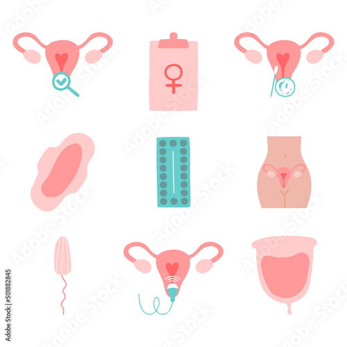 Gynecology icons set. Ultrasound, check up, artificial fertilization, gynecological surgery, birth control pills, menstruation: menstrual cup, tampon, pad, intrauterine device.