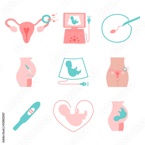 Obstetrics icons set. Ultrasound, artificial fertilization, pregnancy, fetus, cesarian section, intrauterine insemination, pregnancy test, embryo in woman's belly, embryo on ultrasound. 