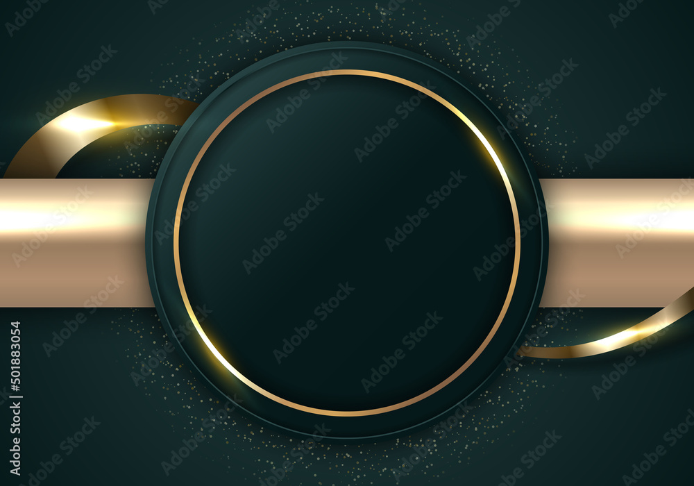 Abstract modern luxury dark green circle shape and golden ring with gold glitter ribbon lines on dark background Abstract modern luxury dark green circle shape and golden ring with gold glitter ribbon lines on dark background