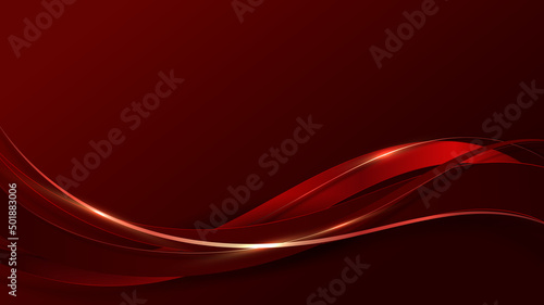 Abstract 3D luxury red color wave lines with shiny golden curved line decoration and glitter lighting on gradient red background